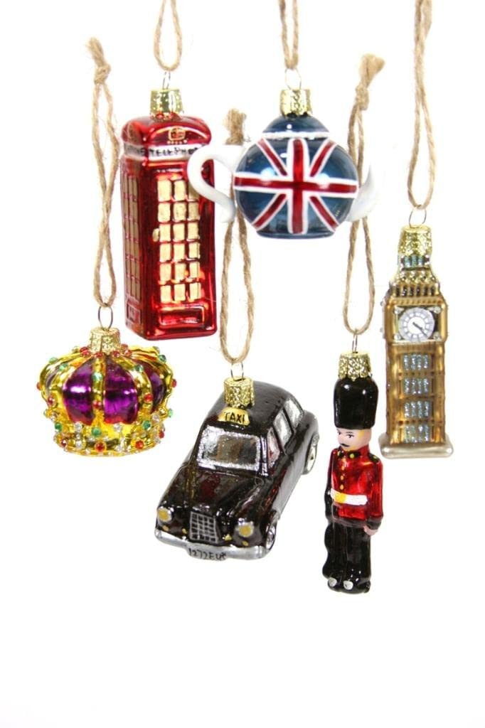 Mini London England Phone Booth Crown Big Ben Christmas Ornament Set of 6