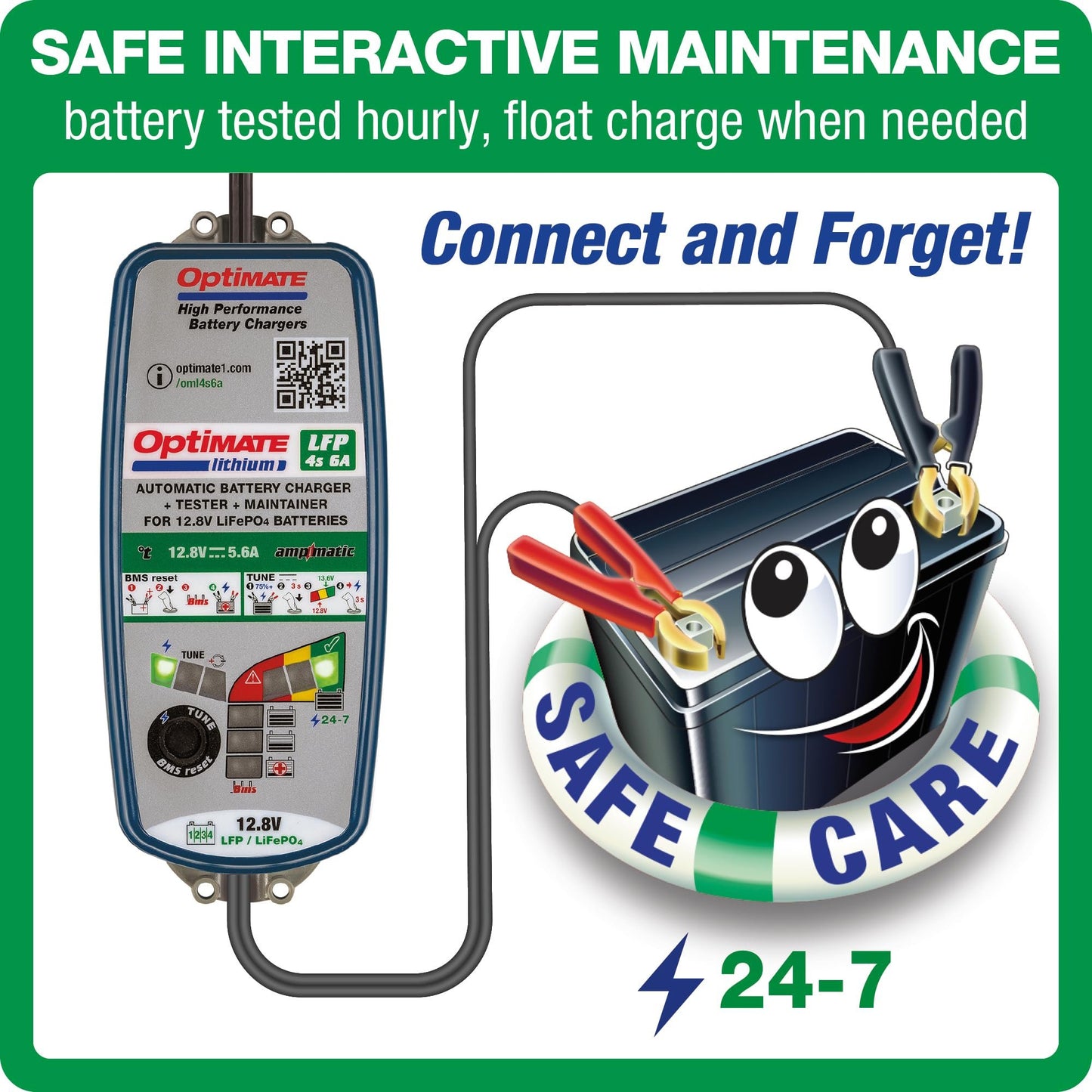 Tecmate OptiMate Lithium 4s 6A, TM391, 10-step 12.8V 6A Lithium Expert Battery Saving Charger & Maintainer, Blue/Green