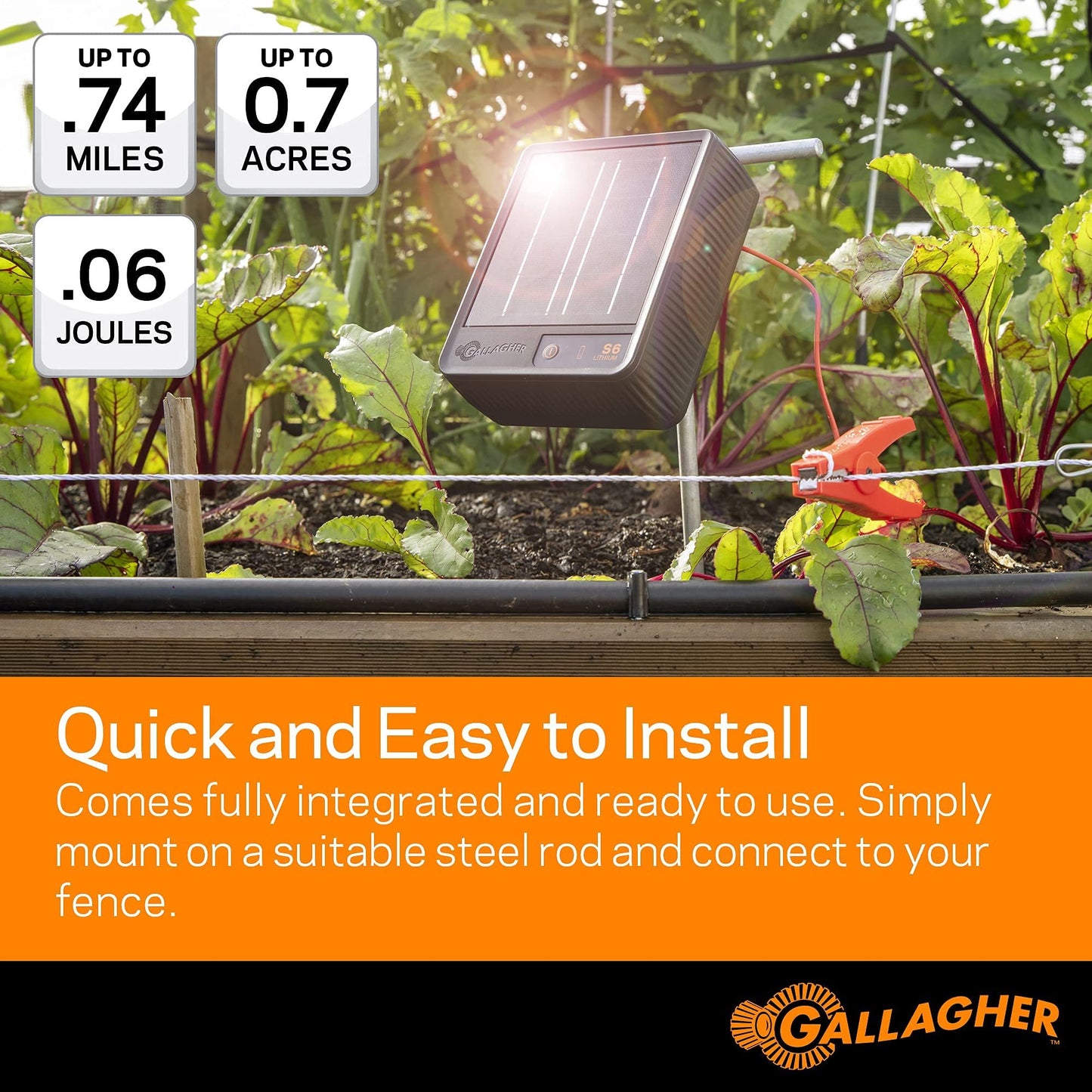 Gallagher S6 Solar Fence Charger | Compact Electric Fence Energizer for Pets, Gardens, and Small Livestock | Solar-Powered with Lithium Battery | Mounts Directly to Metal Rod | Off-Grid Ready