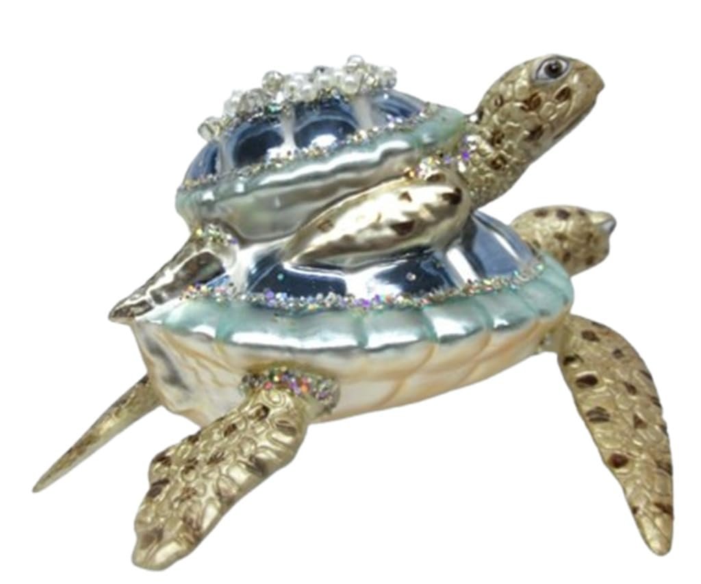 December Diamonds 79-79306 Glass Ornament Embellished Mom and Baby Sea Turtle 4.75 x 4 Inches