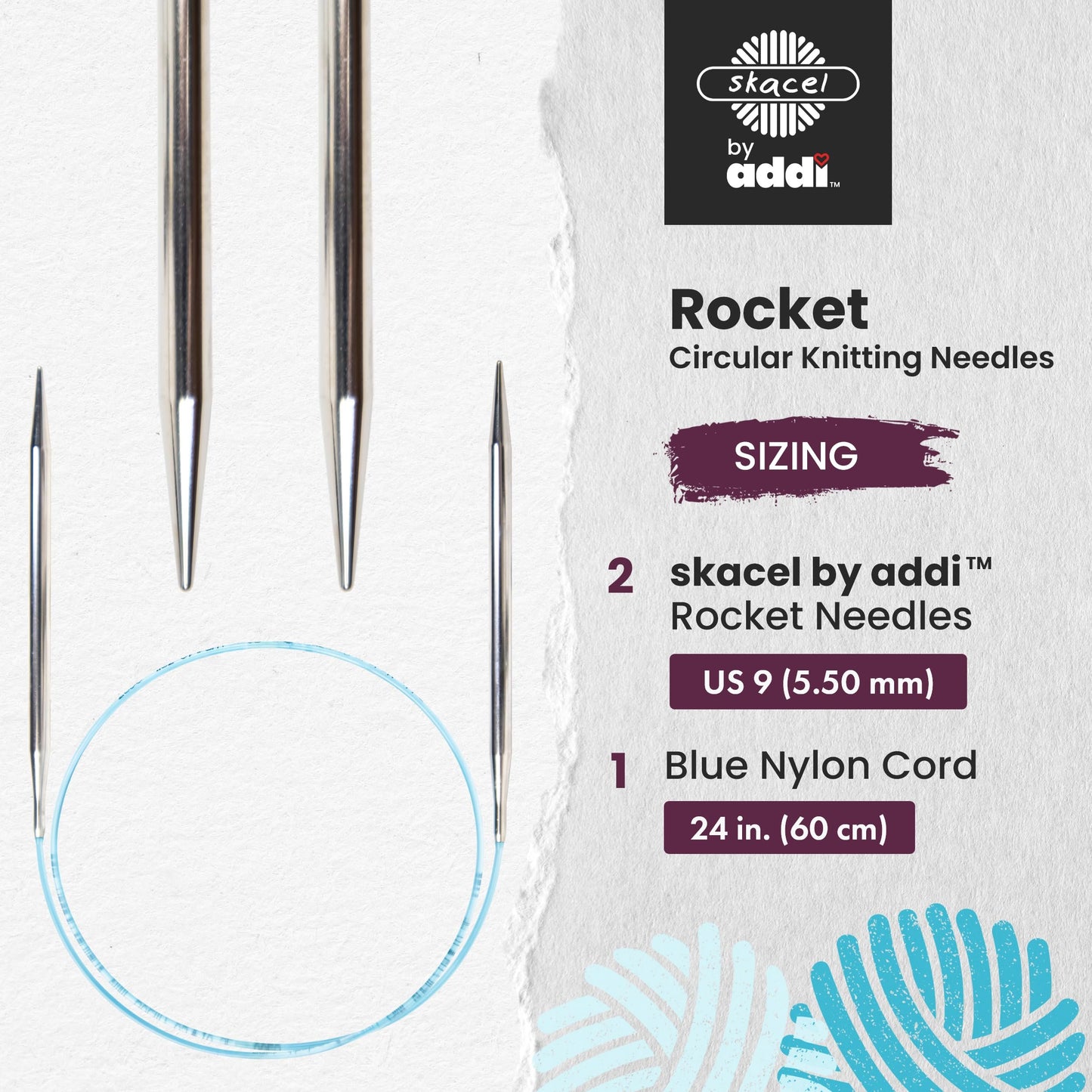 skacel by addi Circular Knitting Needles, 24 Inch (60 cm) Rocket Round Brass Knitting Needle Pair with Nylon Cord, 5.5 mm (US Size 9)