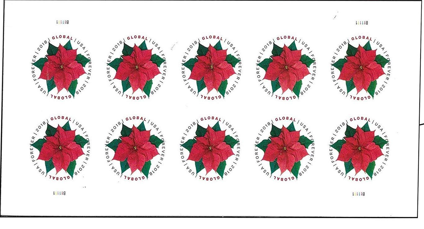 2018 Global Poinsettia Forever Stamps - Always Good for 1 Oz International First-Class Mail (4 Sheets of 10)