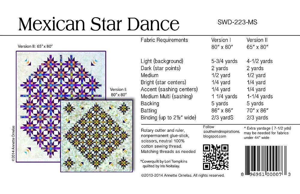 Southwind Designs Mexican Star Dance Dimensional Quilt Pattern SWD-223-MS - 80'' x 80'' or 65'' x 80'' - Quilt Pattern for Adults - Home Sewing and Quilting Projects