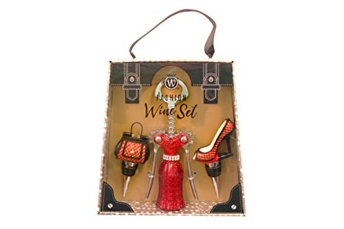 Wild Eye Designs Fashion Set: 3pcs Winged Corkscrew, High Heel and Purse Wine Stoppers - Red and Gold Gift Set