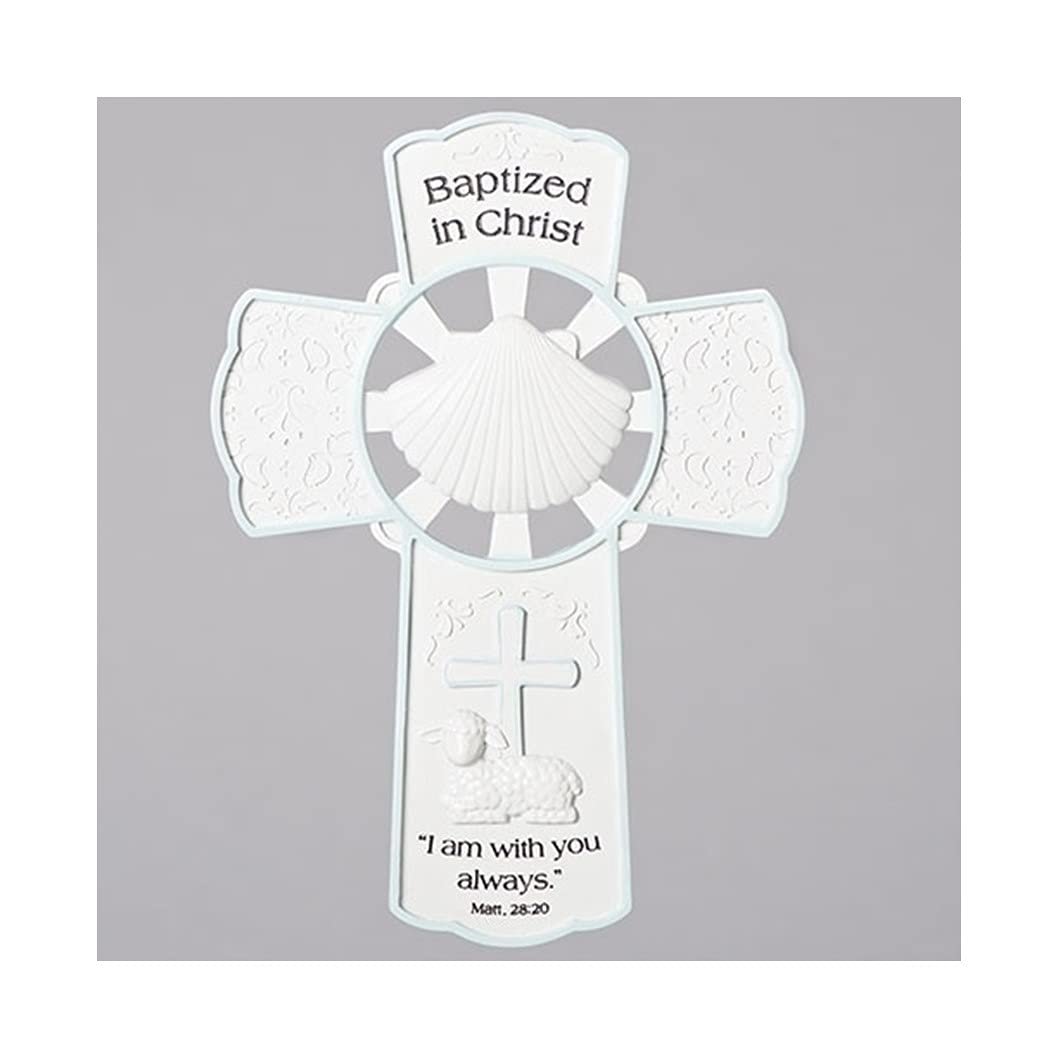 Roman 8 Inch Resin Wall Cross with Matthew 28:20 Bible Verse, Baptized in Christ, Baptism Wall Cross, Bless this child, Baptized in Christ, Christening Keepsake Gift (Baby Boy Blue))