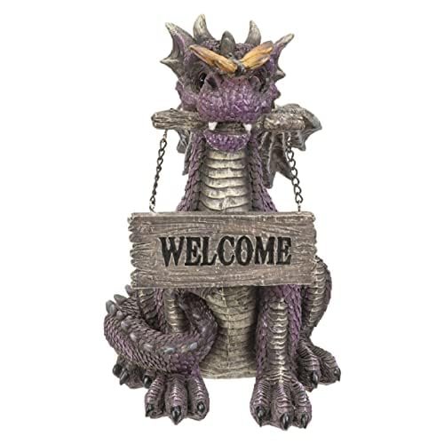 Pacific Trading Purple Dragon with Welcome Sign Figurine 9.8 Inch