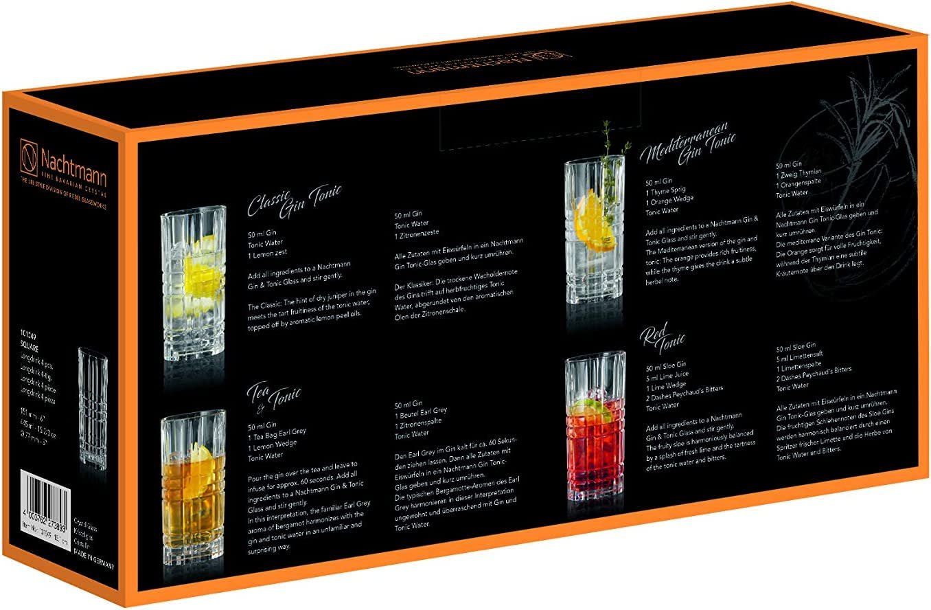 Nachtmann Longdrinkgläser Set 445 ml, 4 Stück, Square, 101049, Cocktailgläser aus Kristallglas, Trinkgläser spülmaschinenfest
