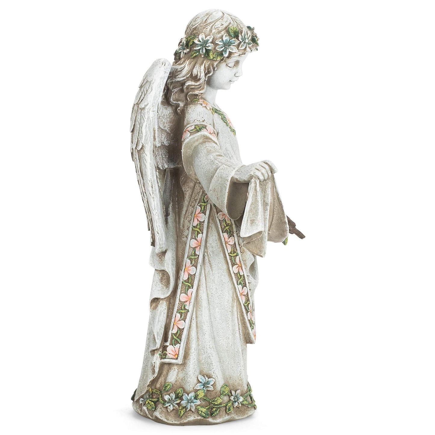 Roman Josephs Studio Inspirational Girl Angel Wearing Floral Trimmed Gown with Birds Garden Statue, 16.5-Inch