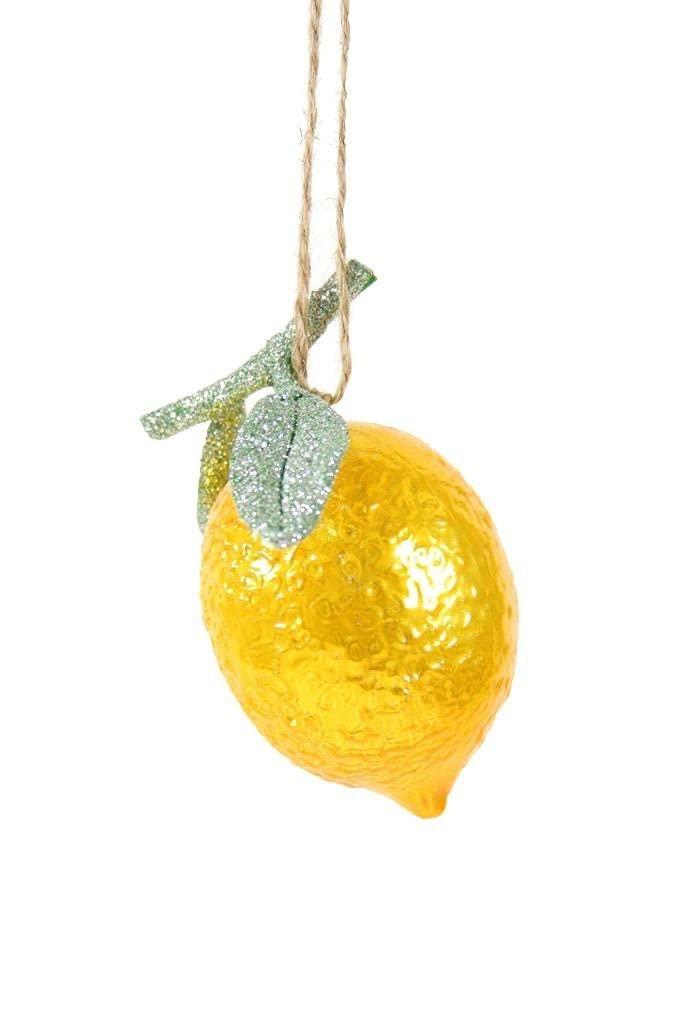 Glossy Lemon on a Branch Faux Fruit Food Glass Christmas Ornament