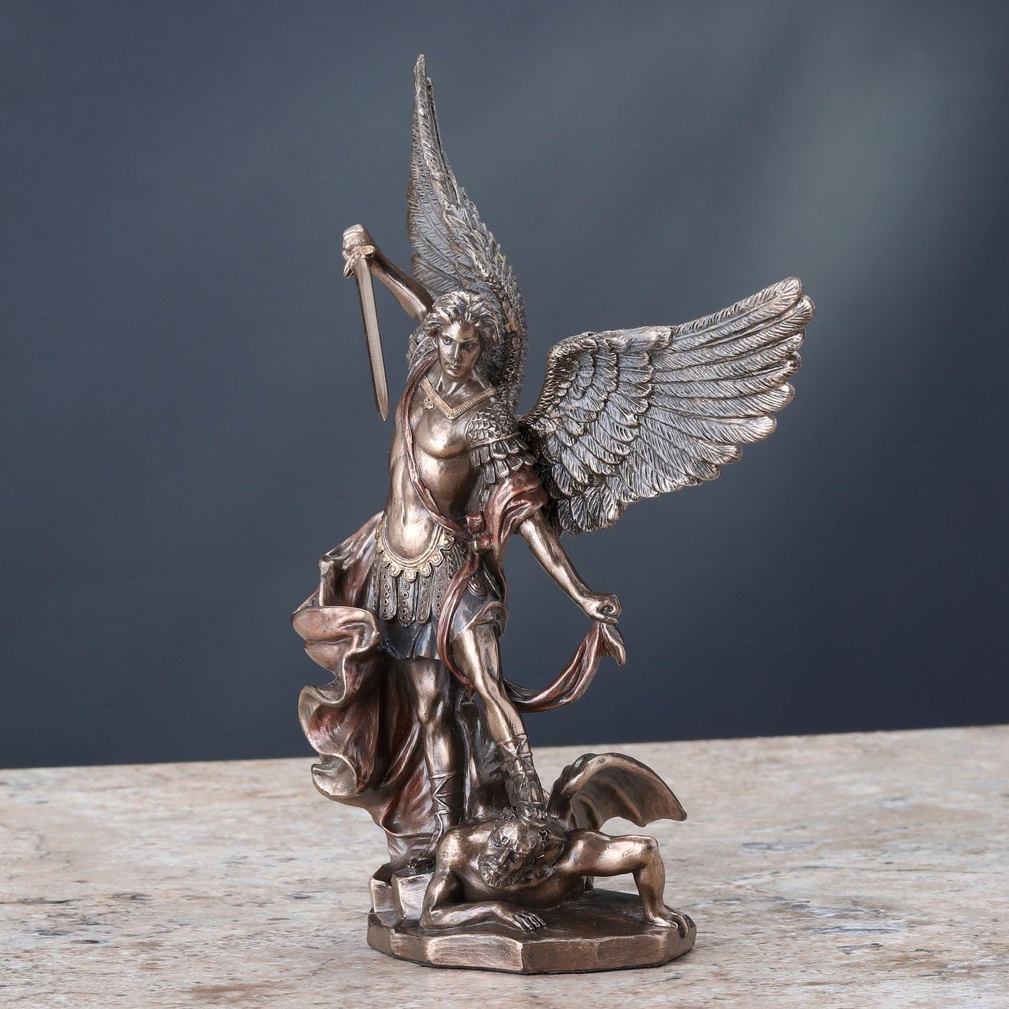 Veronese Design 7 7/8 Inch Archangel Saint Michael Standing Over Demon with Sword Resin Statue Bronze Finish