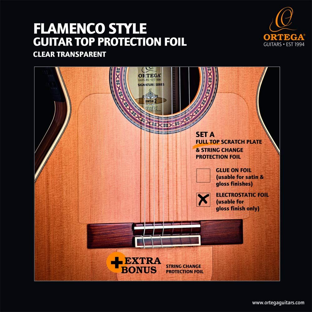 Ortega Guitars Flamenco Full Top Scratch Plate Pickguard w/String Change Foil - Electrostatic - Transparent, Right, Clear (OERP-FLAM1)