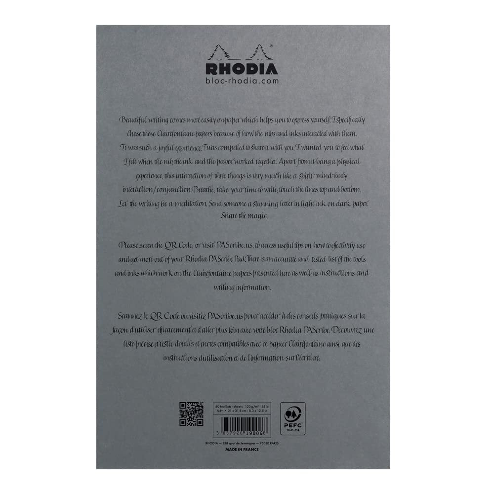 Rhodia 19006C - Stapled Pad for Calligraphy Pascribe Gray Maya Pad - A4+ - Lined - 60 Detachable Sheets - Clairefontaine Maya Gray Paper 120 g/m