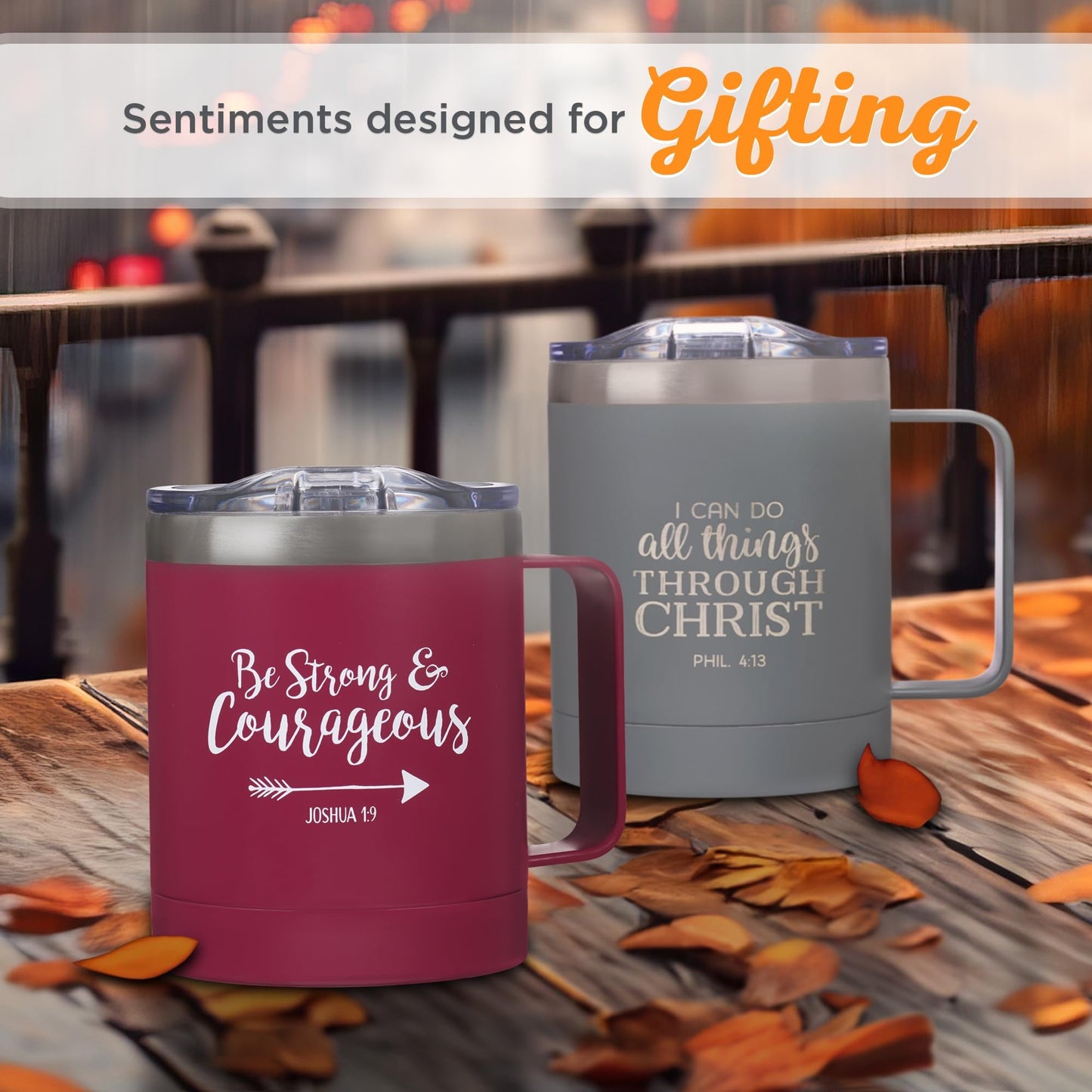 Christian Art Gifts Be Strong & Courageous Stainless Steel Magenta Mug w/Joshua 1:9 - Camp Style Travel Mug for Women and Men (11oz Double Wall Vacuum Insulated Coffee Mug with Lid and Handle)