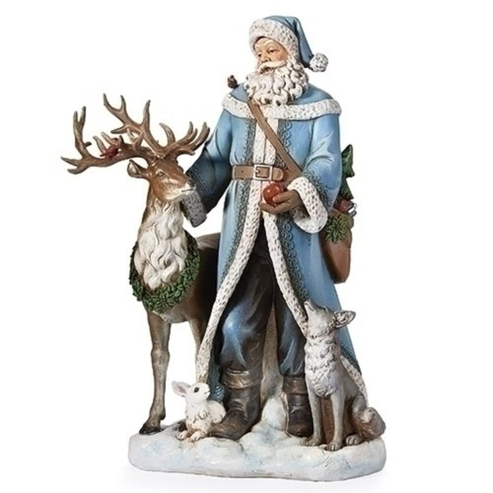 Roman Joseph's Studio 18.5" H Santa with Woodland Animals and Reindeer Figurine, Tabletop Christmas Decoration, Winter Blue