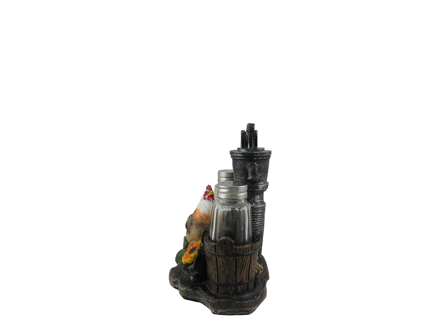 DWK Farmhouse Chicken Figurine with Vintage Water Pump Spice Holder with Refillable Salt and Pepper Shakers 3 Piece Set | Rustic Salt and Pepper Shaker - 6"