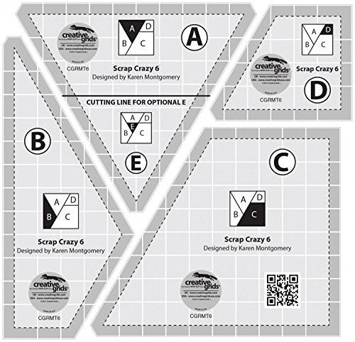 Creative Grids Scrap Crazy 6 Template Set Quilt Ruler – CGRMT6 – Made in USA, 6in x 9in, Non-Slip Grip Acrylic Quilting, Sewing, Crafting, Patchwork Ruler & Template