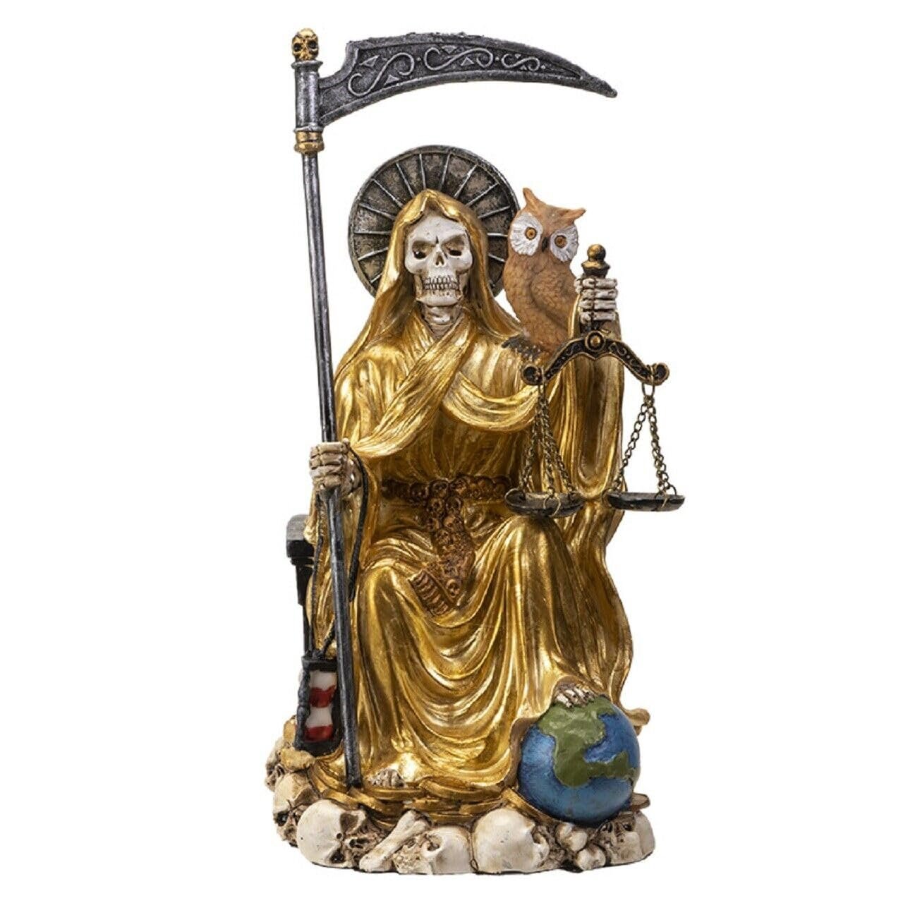 Pacific Trading Sitting Santa Muerte Gold Gown with Owl Figurine 9 Inch 15249