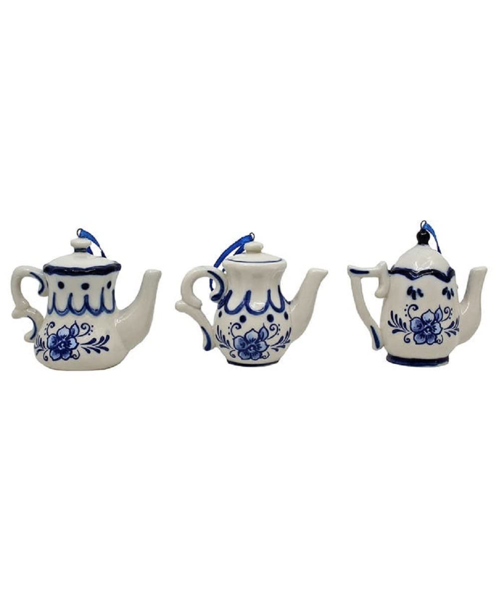 Kurt Adler Porcelain Delft Blue Teapot Ornament, Set OF 3 for Christmas
