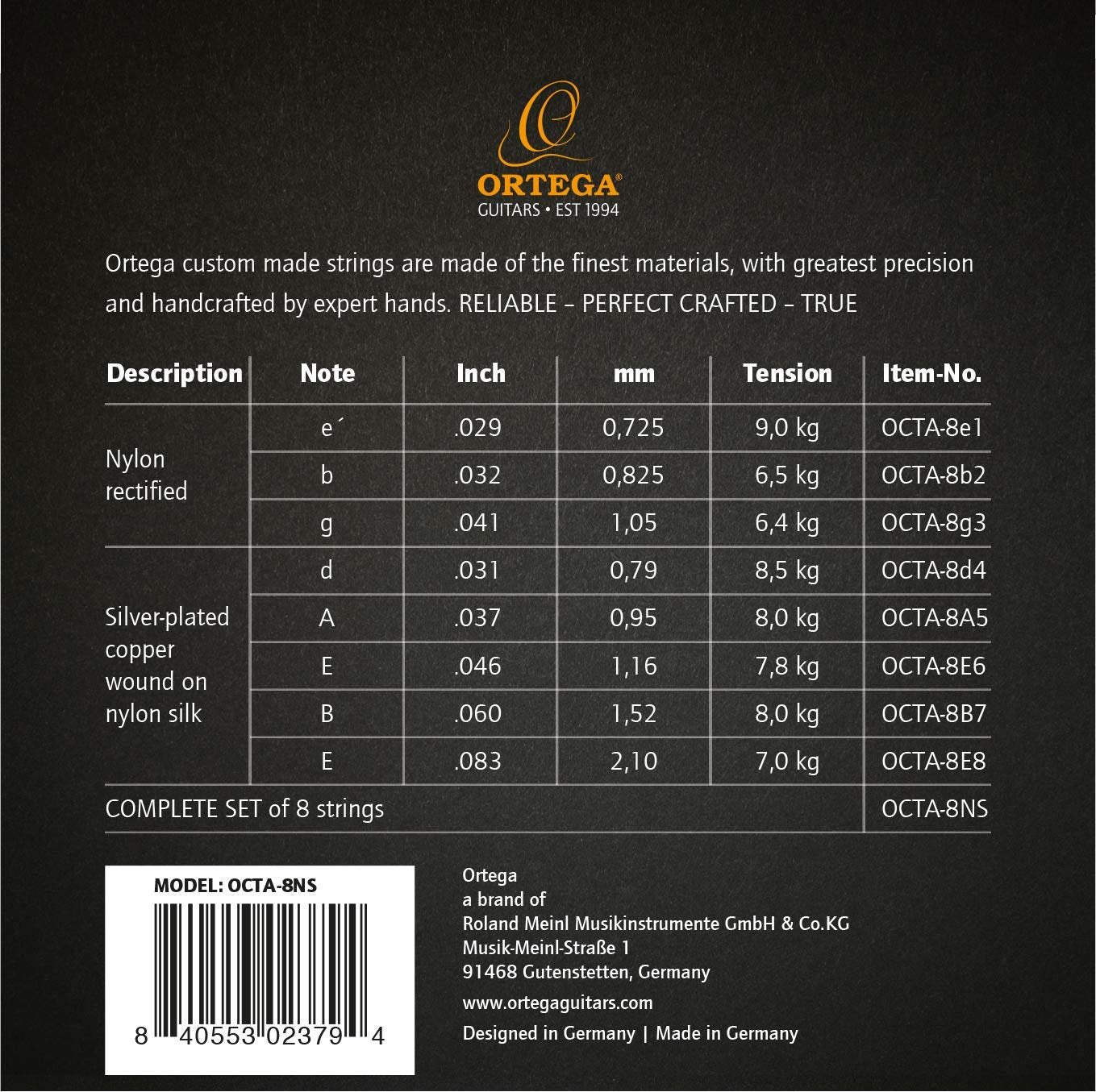 Ortega Guitars 8-Sting Nylon Guitar Strings-Tenor-Made in Germany (OCTA-8NS)