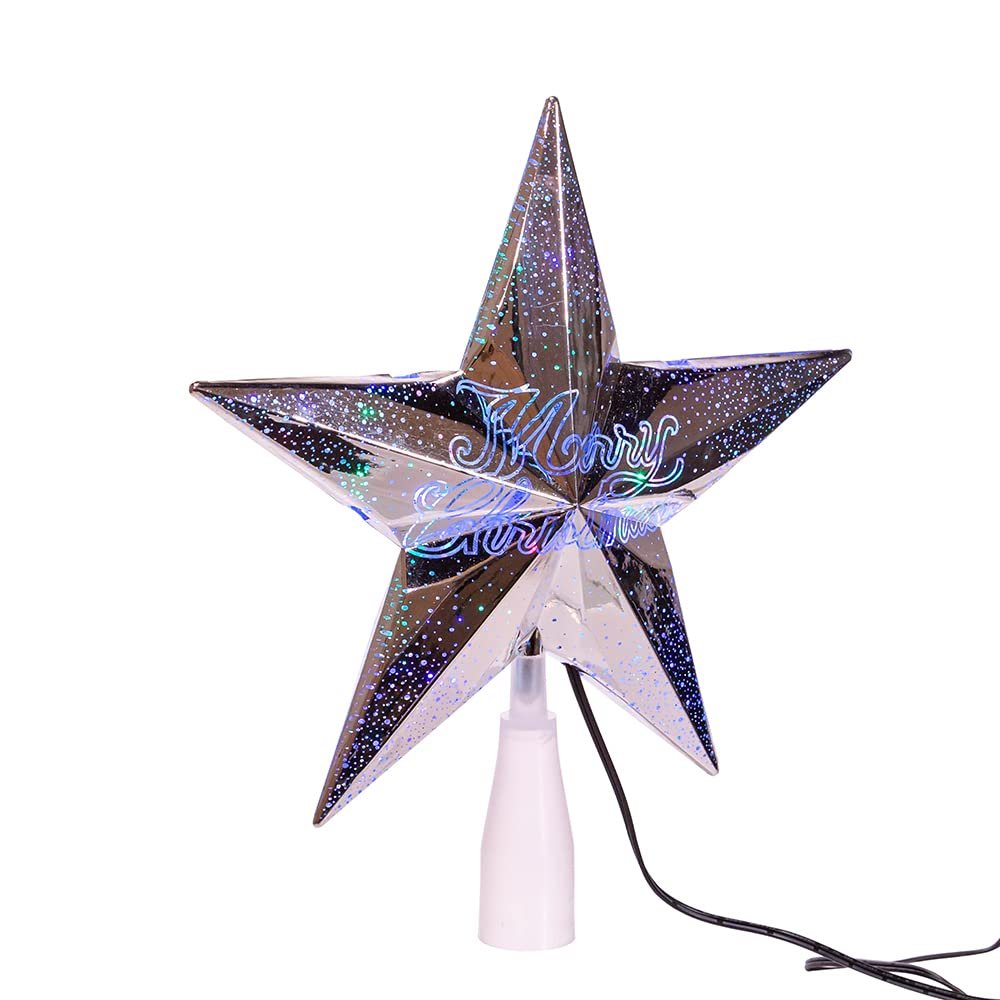 Kurt S. Adler Kurt Adler 18-Light 8-Inch RGB Flicker Merry Christmas Silver Star Treetop Tree Topper, Multi, AD2401