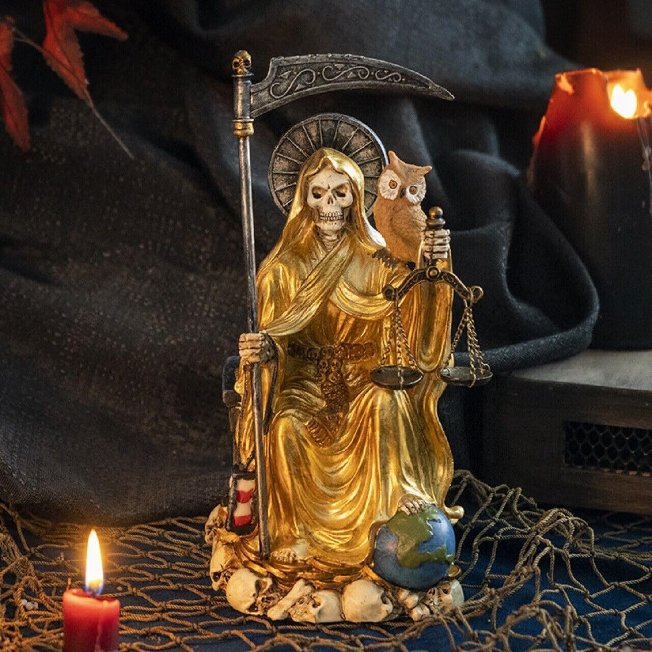 Pacific Trading Sitting Santa Muerte Gold Gown with Owl Figurine 9 Inch 15249