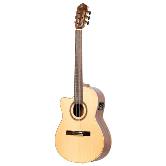 Ortega Guitars 6 String Performer Series Left-Handed Solid Top Thinline Crossover Acoustic-Electric Nylon Classical Guitar w/Bag, (RCE138-T4-L)