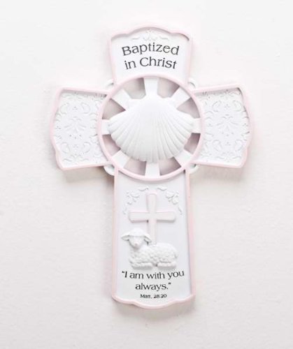 Roman 8 Inch Resin Wall Cross with Matthew 28:20 Bible Verse, Baptized in Christ, Baptism Wall Cross, Bless this child, Baptized in Christ, Christening Keepsake Gift (Baby Girl Pink)