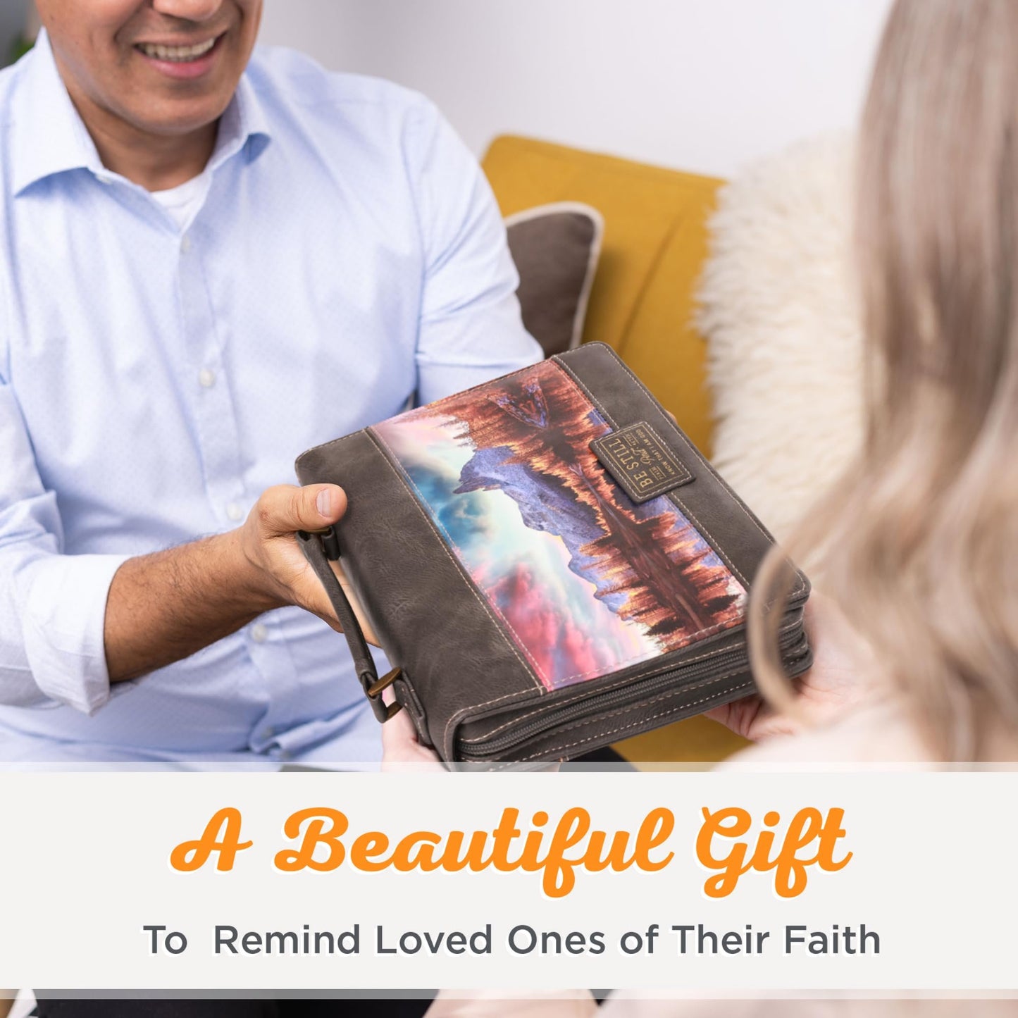 Christian Art Gifts Classic Faux Leather Bible Cover: Be Still and Know - Psalm 46:10 Inspirational Bible Verse with Majestic Valley and Mountains, Charcoal/Gray