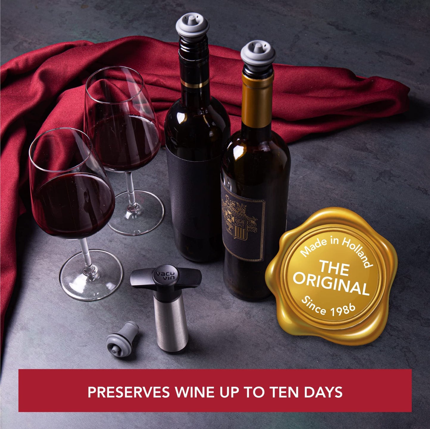 Vacu Vin Wine Saver Pump with Vacuum Stopper - Keeps Wine Fresh Up to 10 Days - Reusable - Made in Netherlands