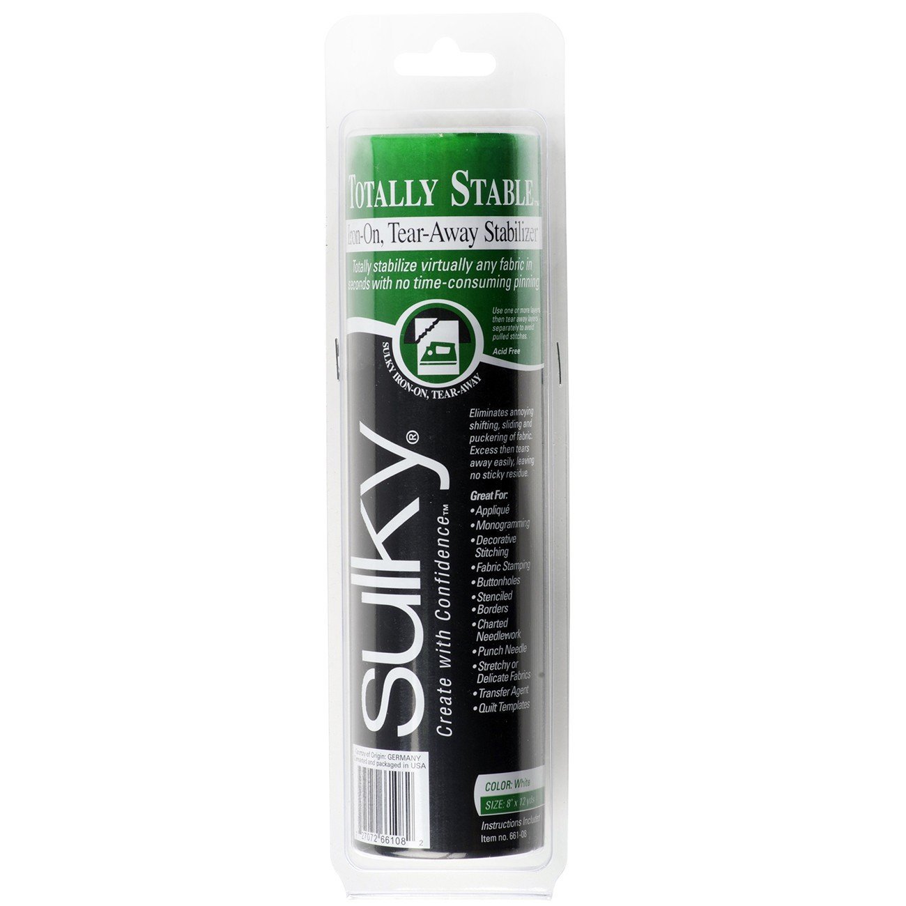 Sulky Of America Totally Stable Iron-on Tear-Away Stabilizer, 8" by 12 yd, White