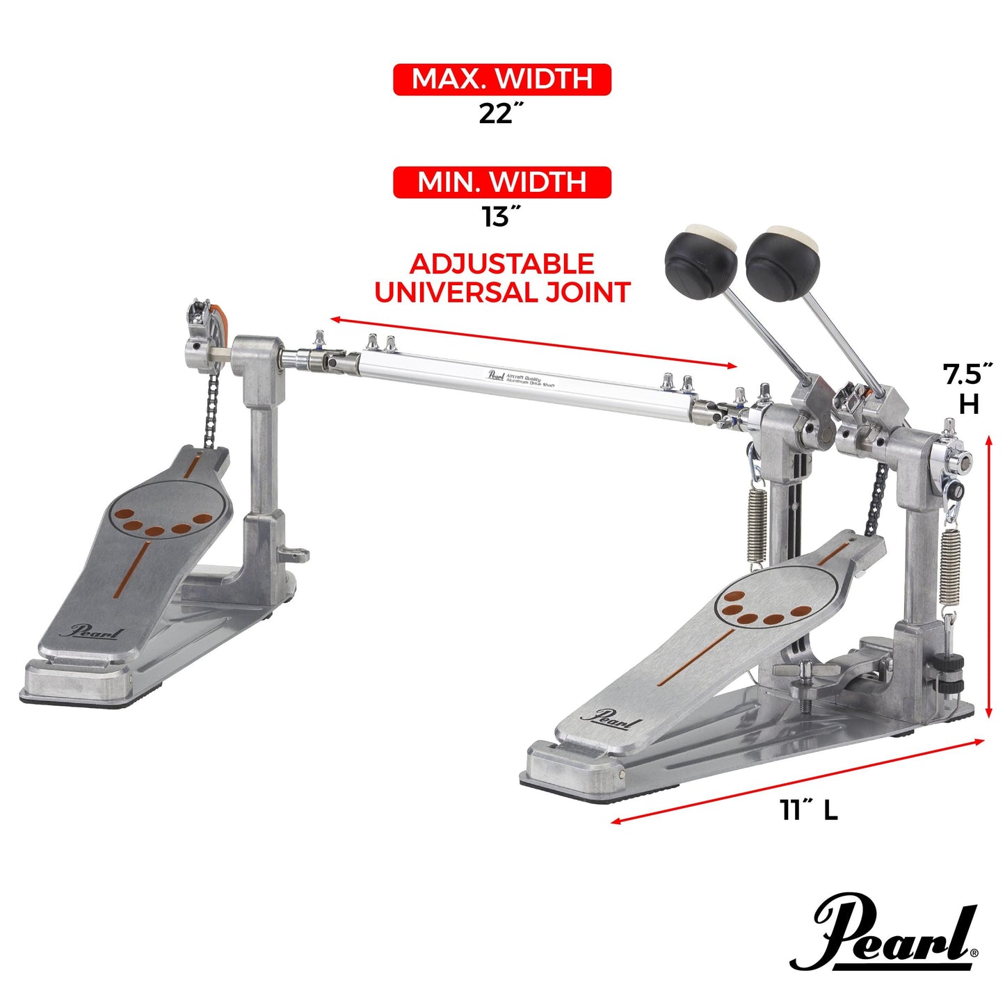 Pearl P932 Longboard Double Bass Drum Pedal with Sprocketless Chain Drive , Powershifter Pedalboard, and Dual Interchangeable Cams.