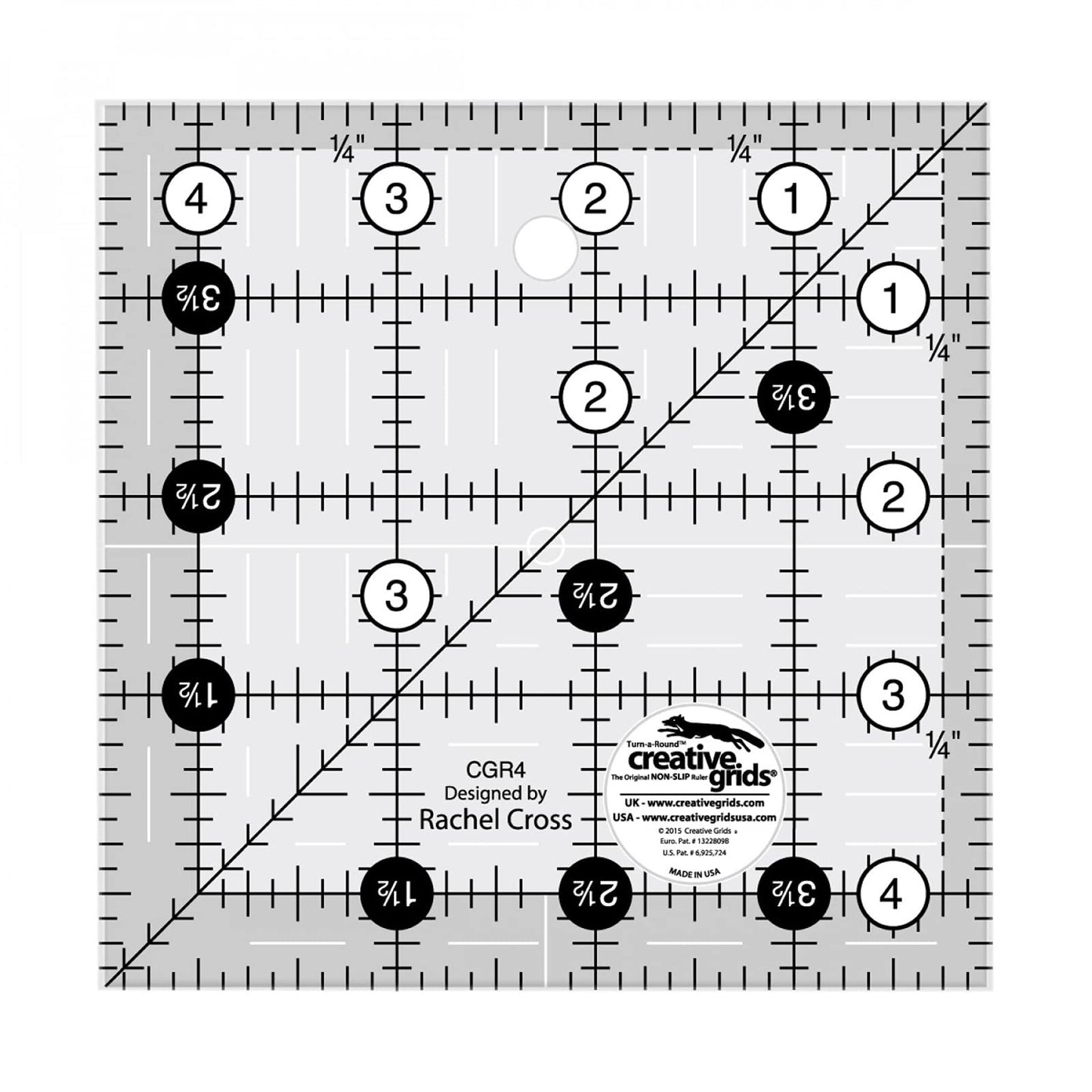 Creative Grids Quilt Ruler 4-1/2in x 4-1/2in Square – CGR4 – Made in USA, Non-Slip Grip Acrylic Quilting, Sewing, Crafting, Patchwork Ruler for Measuring & Cutting Fabric
