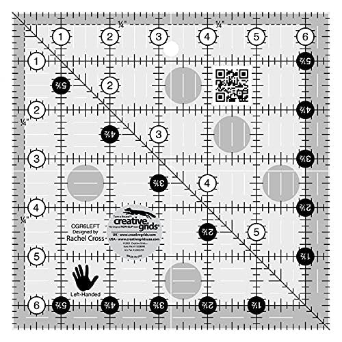 Creative Grids Quilt Ruler 6-1/2in x 6-1/2in Square – CGR6LEFT – Made in USA, Non-Slip Grip Acrylic Quilting, Sewing, Crafting, Patchwork Ruler for Measuring & Cutting Fabric