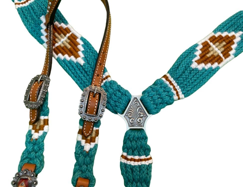 Showman Pony Teal, White & Brown Corded Single Ear Headstall & Breast Collar Set
