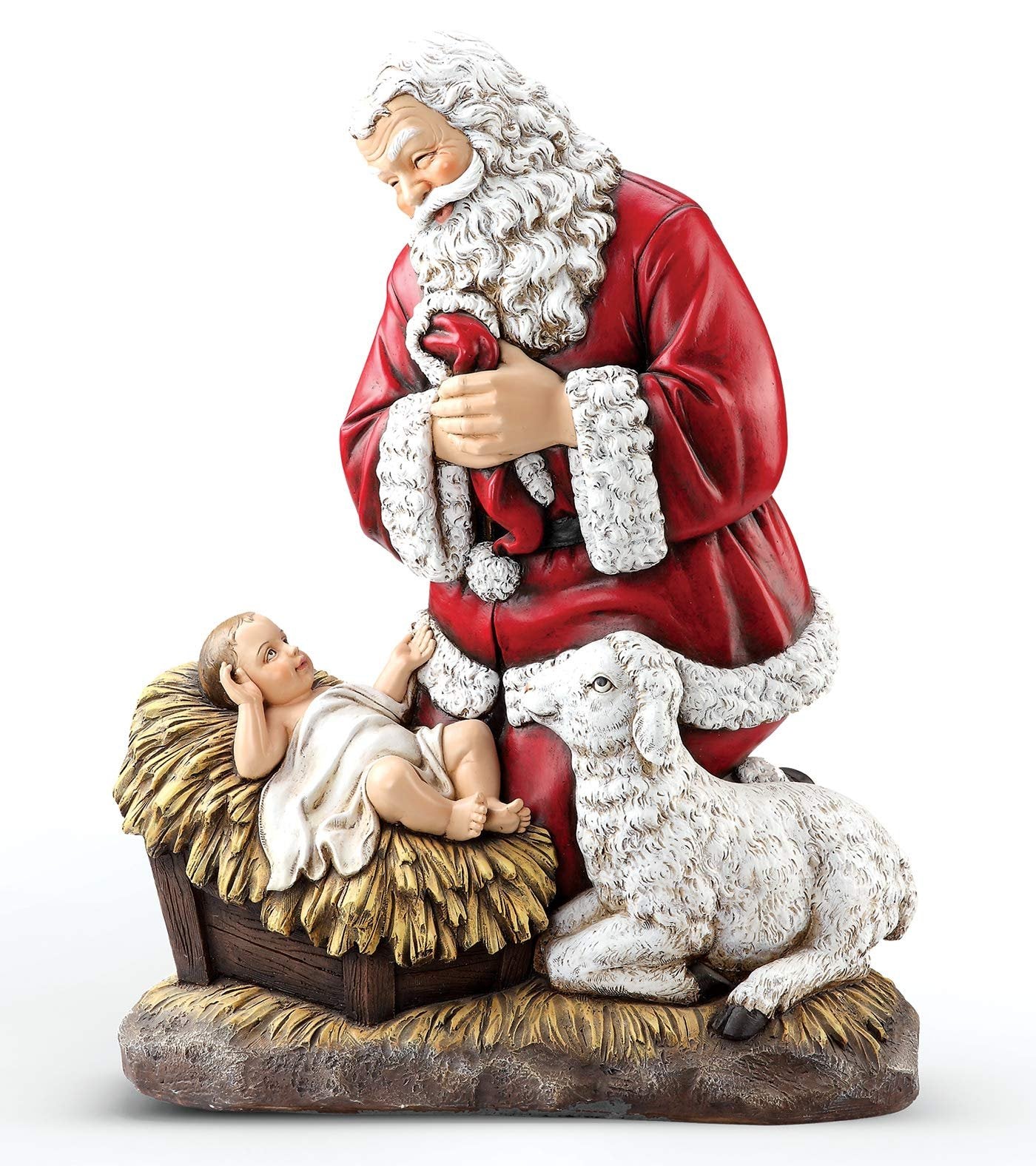 Roman Joseph's Studio 24" H Slim Profile Santa Kneeling with Baby Jesus and Lamb, Tabletop Christmas Decoration