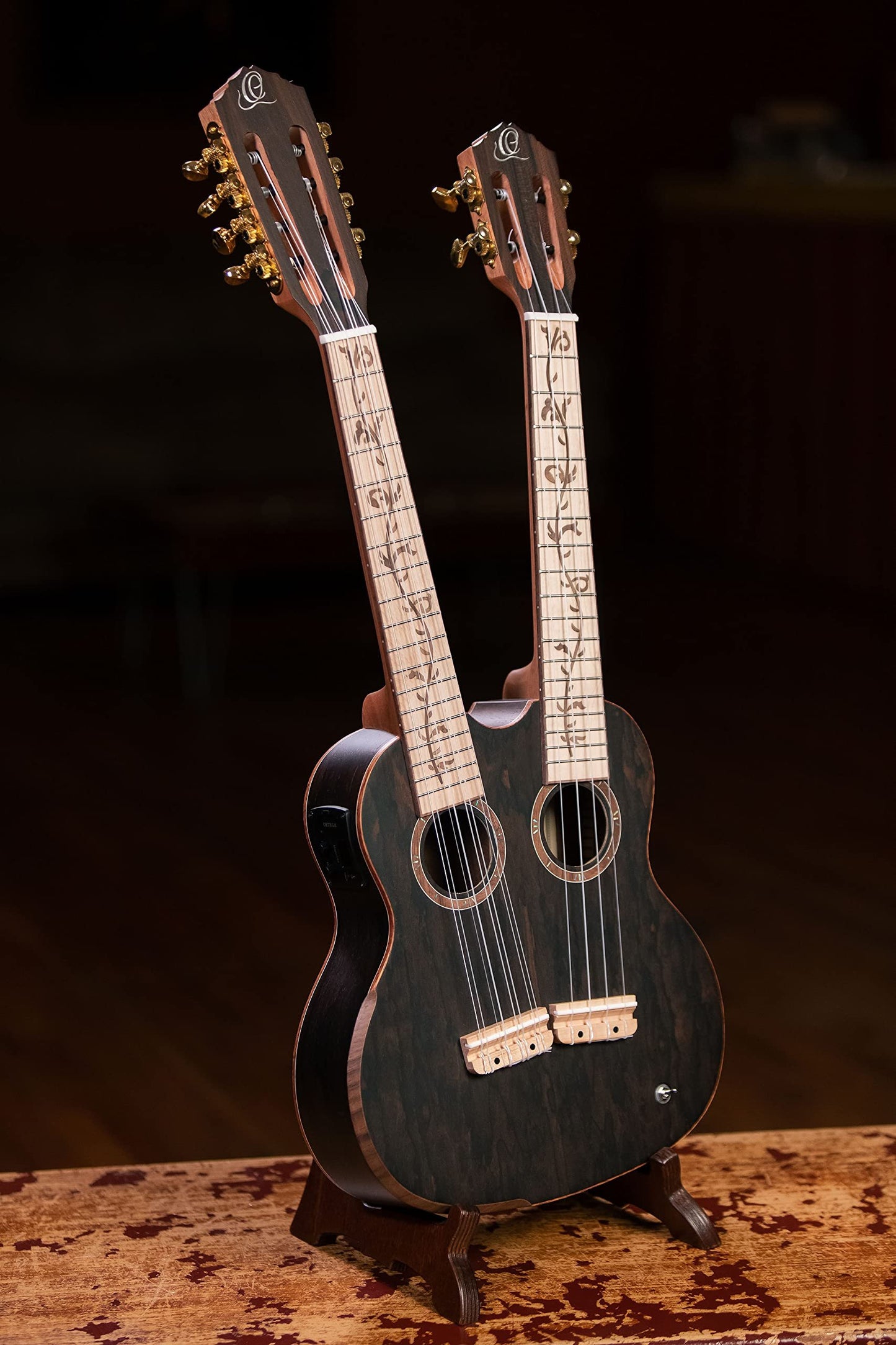 Ortega Guitars Custom Built Series Double Neck 4 & 8 String Tenor Acoustic-Electric Ukulele w/Bag, Right (Hydra-ZS)