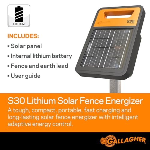 Gallagher S30 Solar Electric Fence Charger with Lithium Battery | Powers Up to 20 Miles / 60 Acres of Fence | Solar Lithium Technology | 0.3 Stored Joule Energizer | Portable and Super Tough