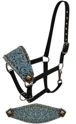 Showman Bronc Halter w/Teal Filigree Print Leather Noseband