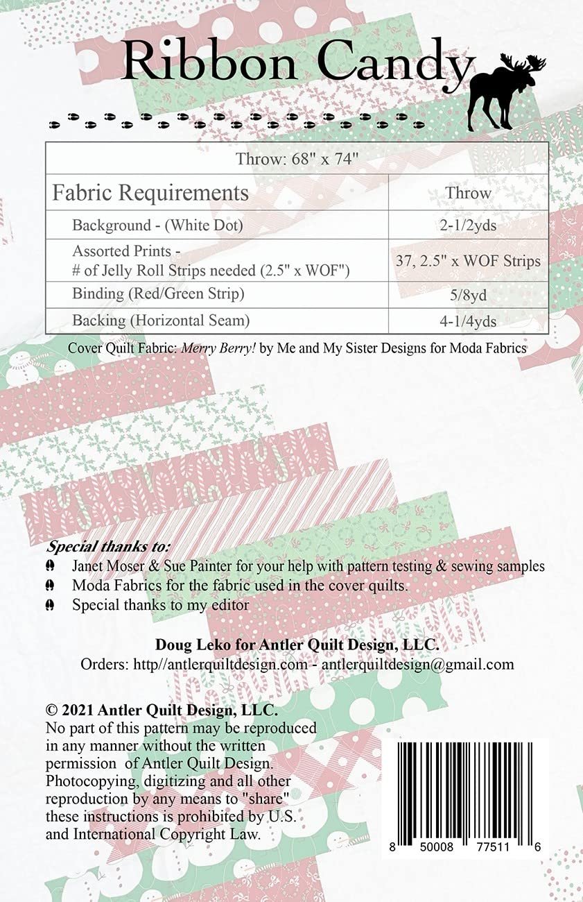 Ribbon Candy Quilt Pattern, Finished Size 68" by 74" (Throw), Jelly Roll 2.5" Strip Friendly, by Doug Leko for Antler Quilt Designs