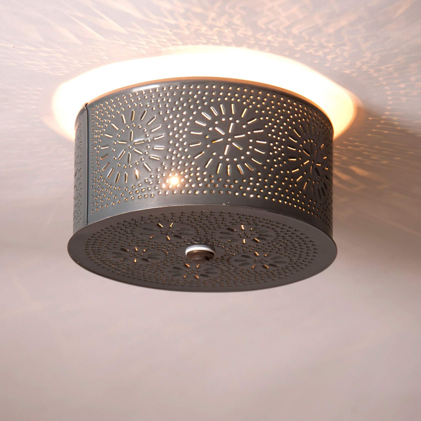 Irvin's Tinware Round Ceiling Light with Chisel in Country Tin