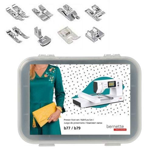 Bernette Presser Foot Set for B77/B79 Sewing Machine | Includes Zigzag, Overlock, Zipper, Blindstitch, Satin Stitch, Buttonhole, Open Toe & Button Sew-On Feet | Heavy-Duty Quilting, Embroidery
