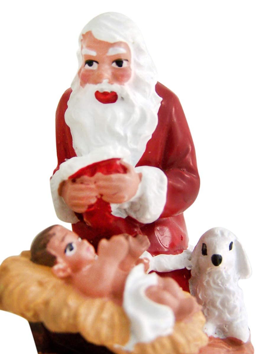 Roman Santa Claus Kneeling Before Baby Jesus in Manger Night Light