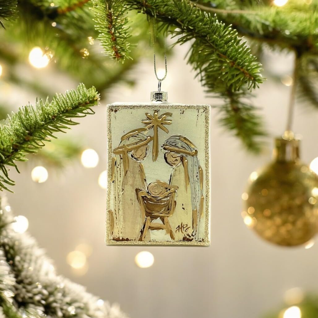 RAZ Imports Glass Holy Family Ornament, 4" Hand-Painted, Gold and White
