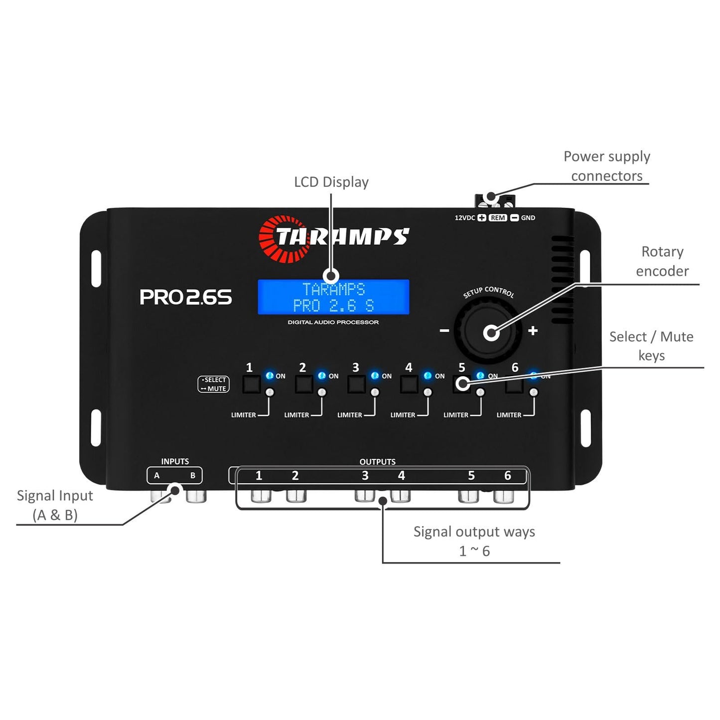 Taramp's Pro 2.6S Digital Signal Processor Equalizer 3-band Graphic Equalization 6 Channels 18K Ohms(RCA) Output Impedance 47 Ohms Limiter Adjustable Car Audio System