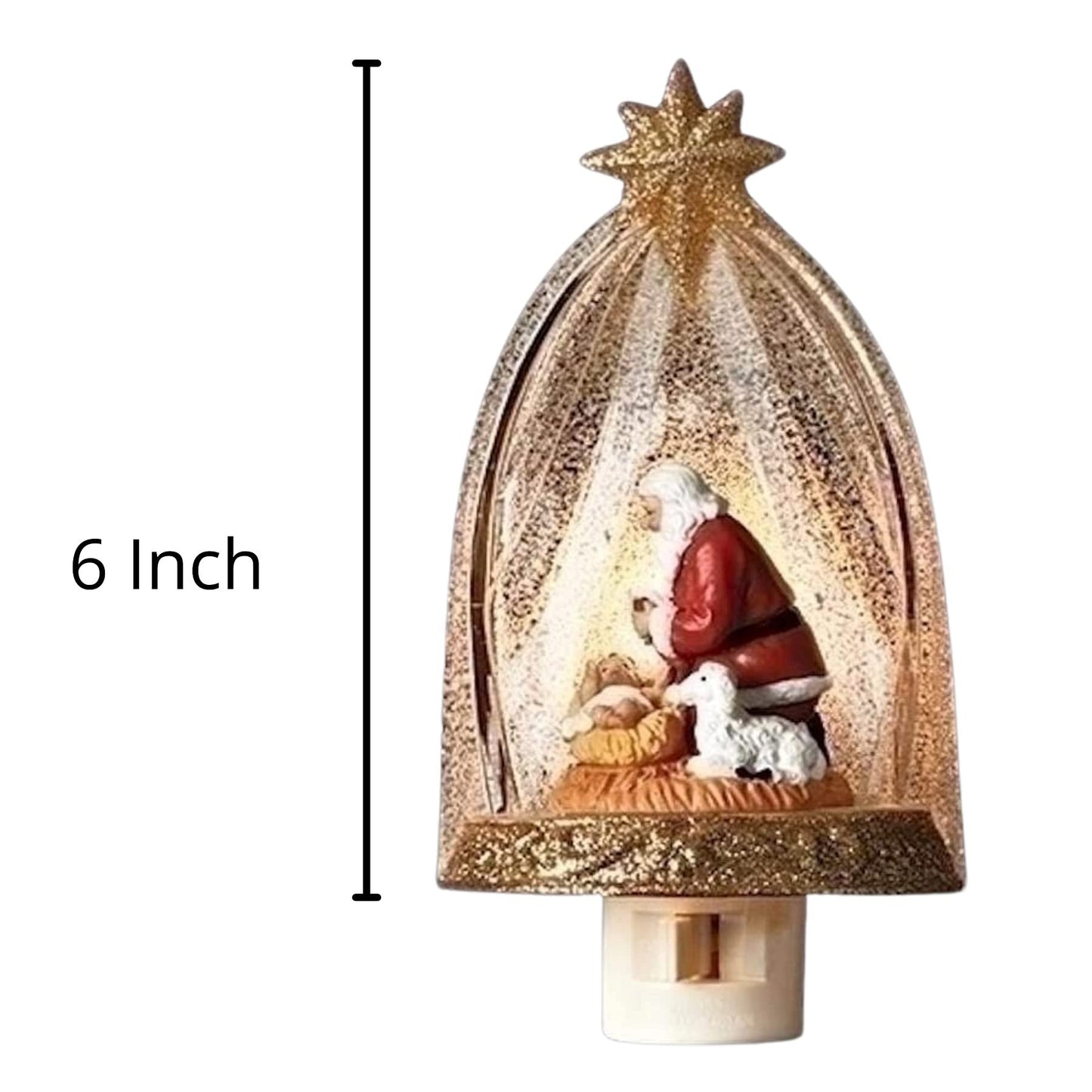 Roman Santa Claus Kneeling Before Baby Jesus in Manger Night Light