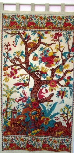 Tree of Life Tab Top Curtain-Drape-Door Panel-Cream by India Arts