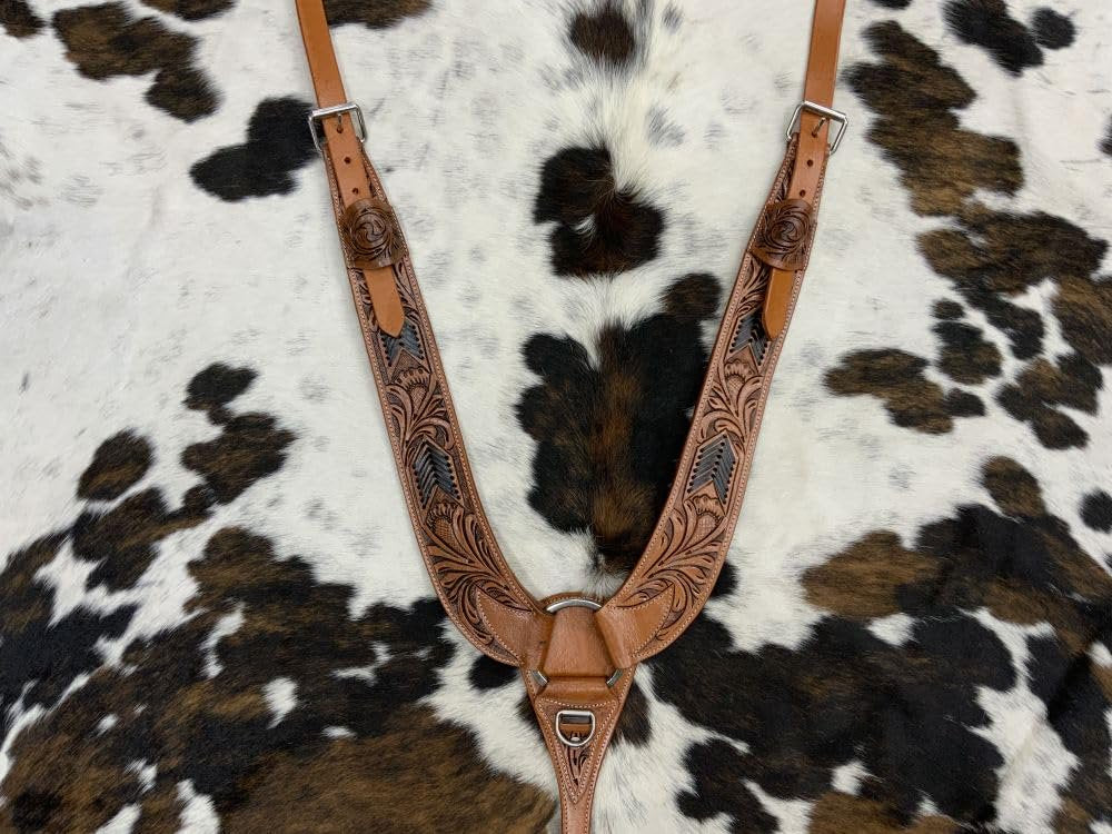 Showman Floral Tooled Leather Pulling Collar w/Black Rawhide Lacing