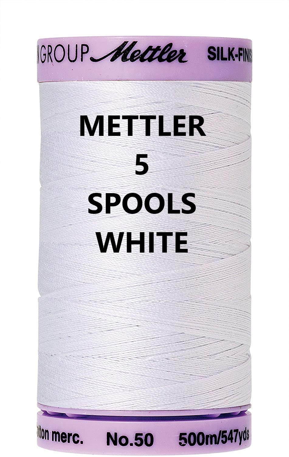 5 Pack Mettler Silk-Finish Solid Cotton Thread, 547 yd/500m, White…