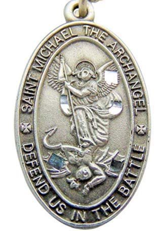 Saint Michael Pewter Medal Oval Pendant 1 Inch on 24 Inch Stainless Steel Chain Gift