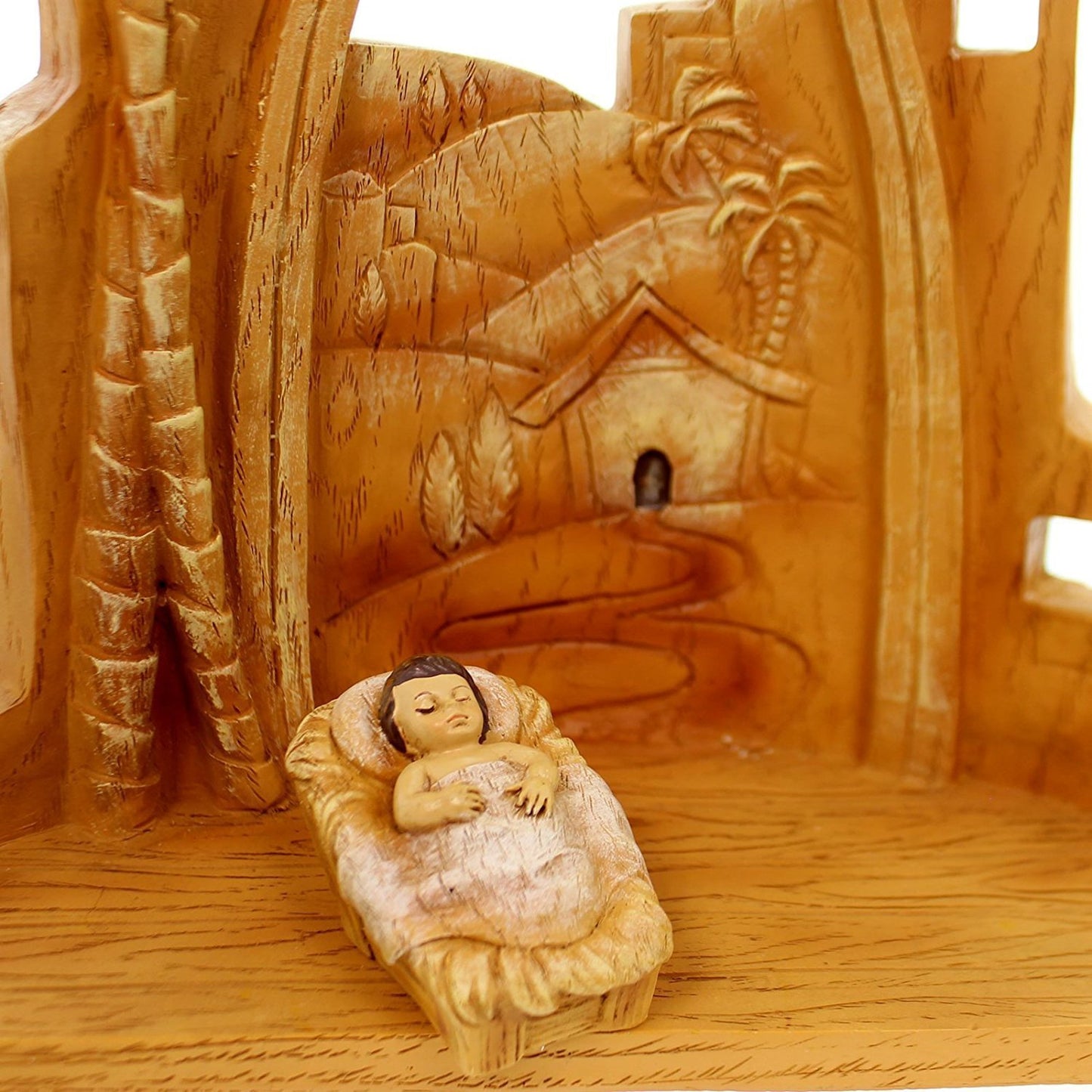 Roman 31378 9pc SET 12" Carved Nativity with Scene Back Drop, Faux Wood Grain